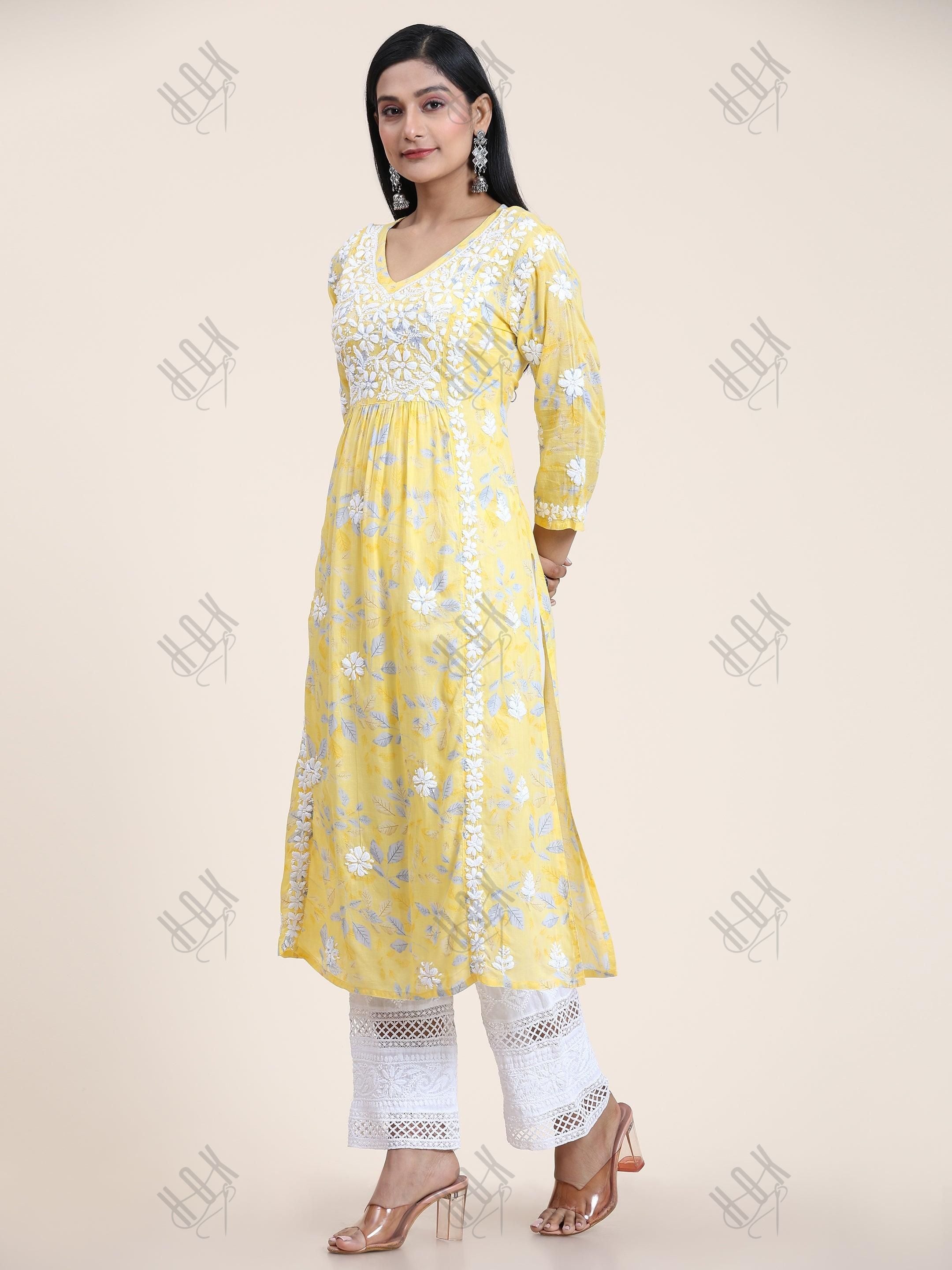 Samma Mul Printed Hand Embroidery Chikankari Kurta- Yellow - House Of Kari (Chikankari Clothing)