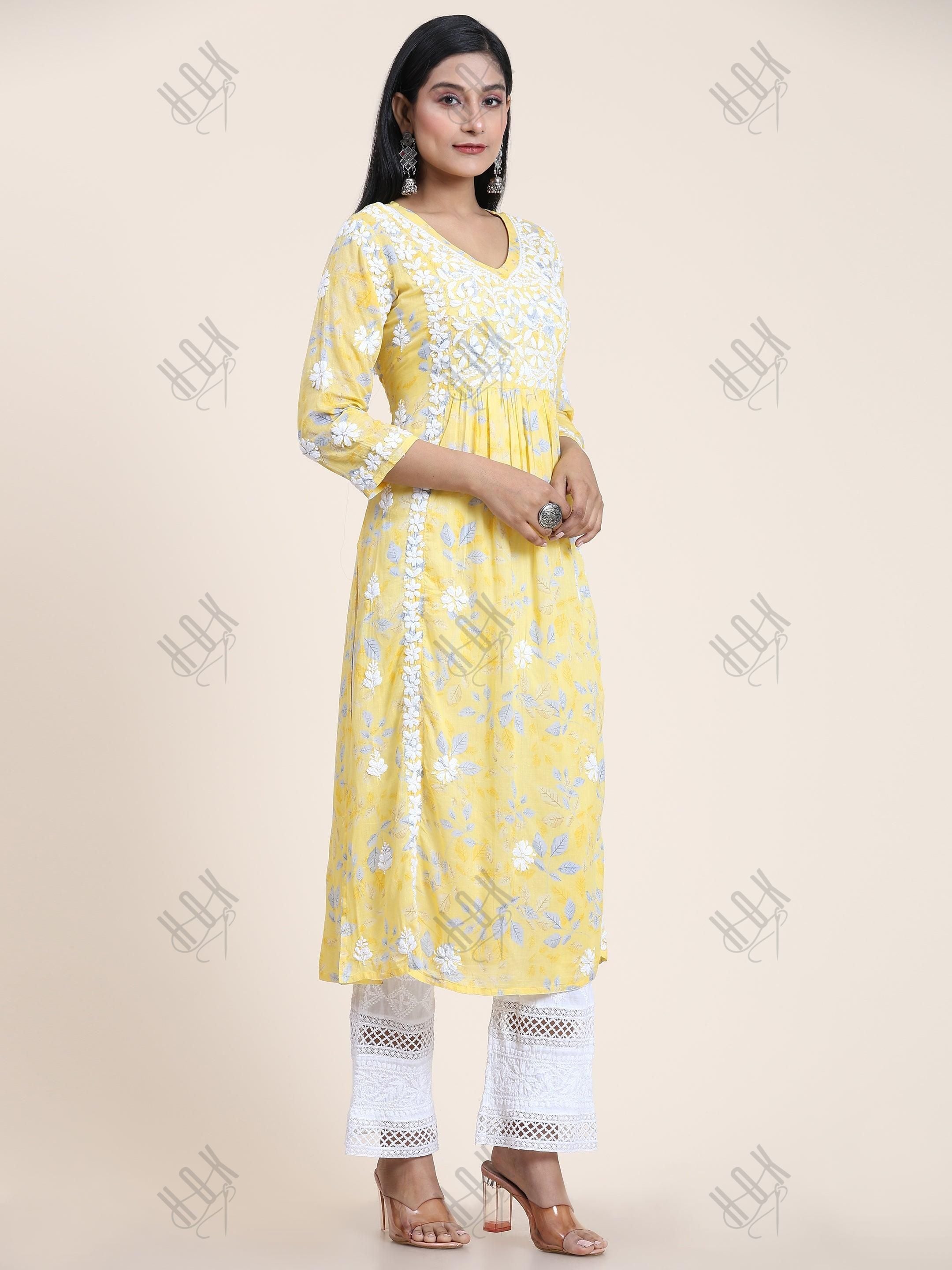 Samma Mul Printed Hand Embroidery Chikankari Kurta- Yellow - House Of Kari (Chikankari Clothing)