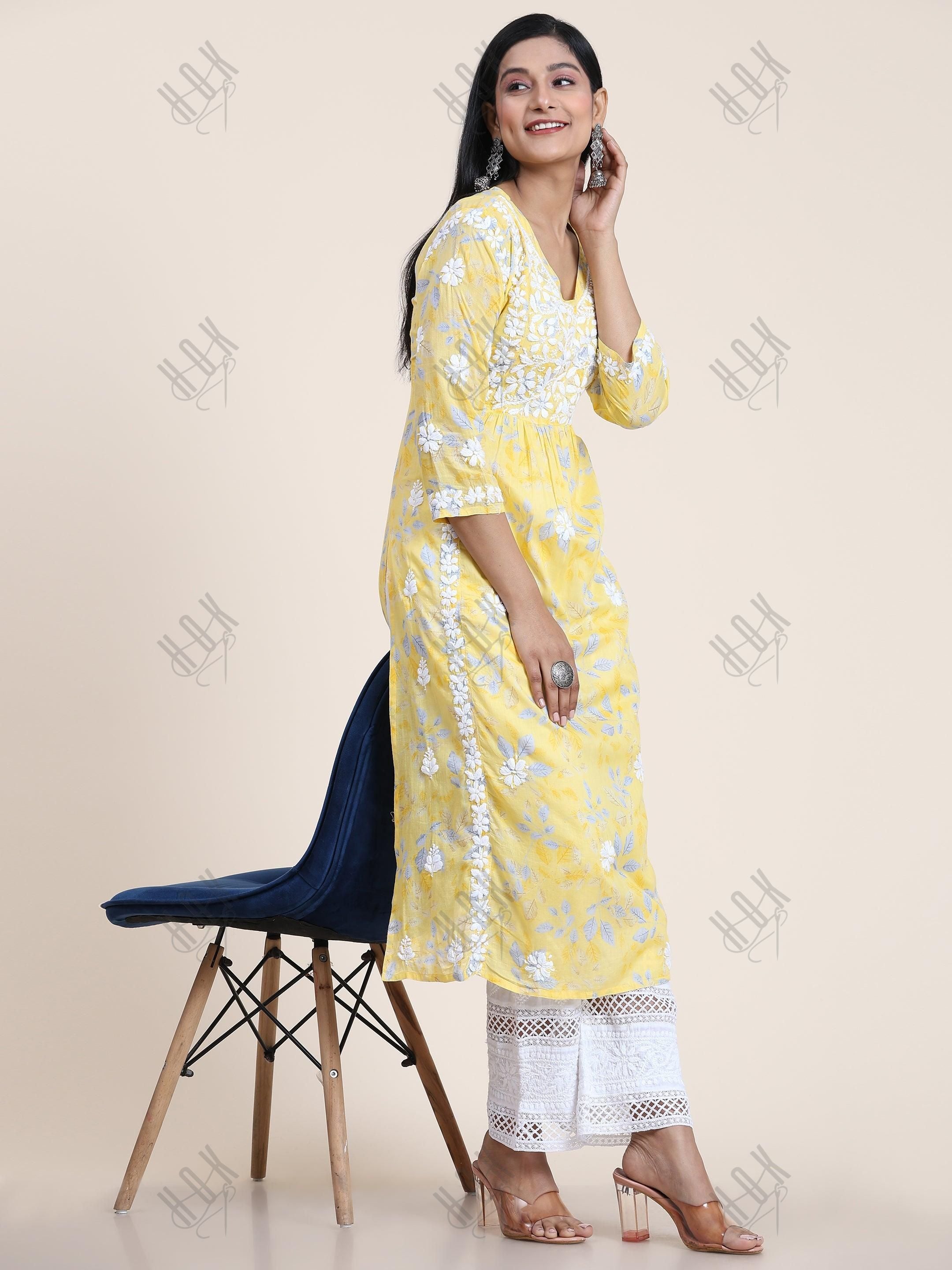 Samma Mul Printed Hand Embroidery Chikankari Kurta- Yellow - House Of Kari (Chikankari Clothing)