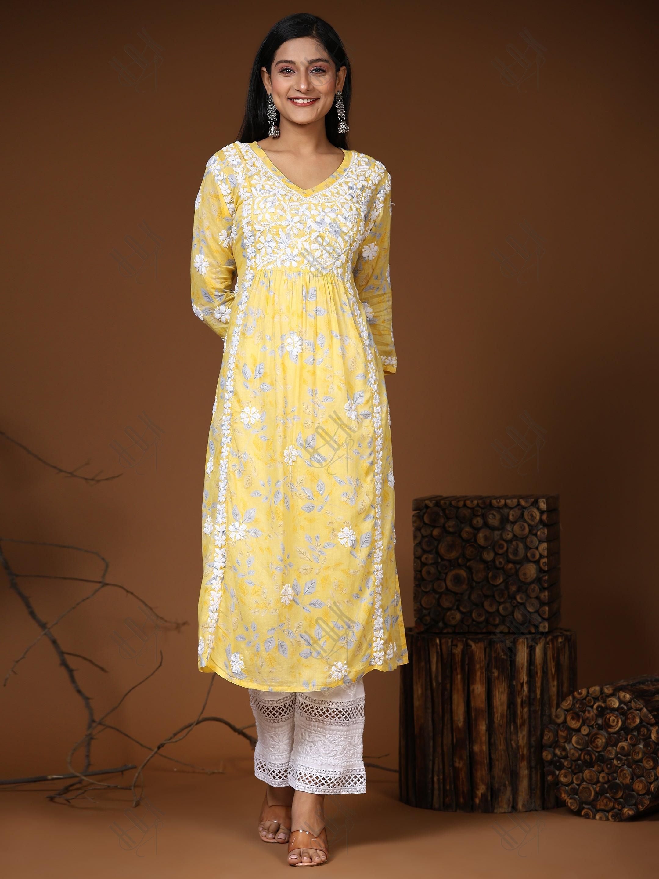 Samma Mul Printed Hand Embroidery Chikankari Kurta- Yellow - House Of Kari (Chikankari Clothing)