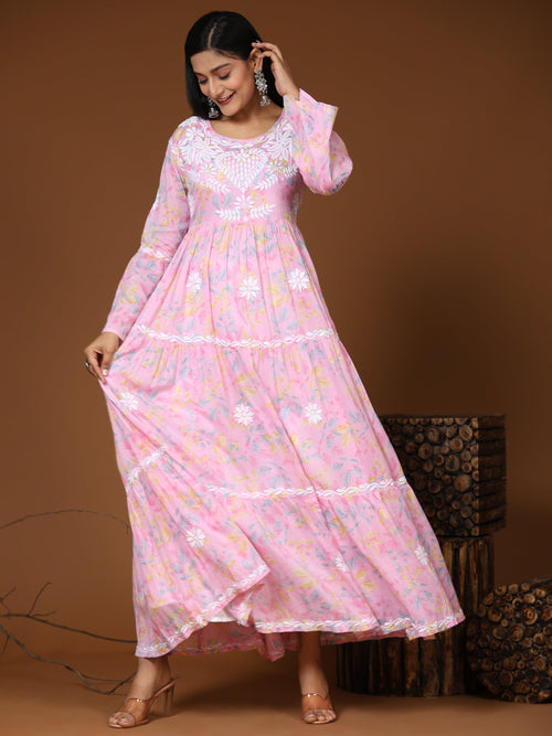 Samma Hand Embroidered Chikankari Mul Gown for Women- Pink - House Of Kari (Chikankari Clothing)
