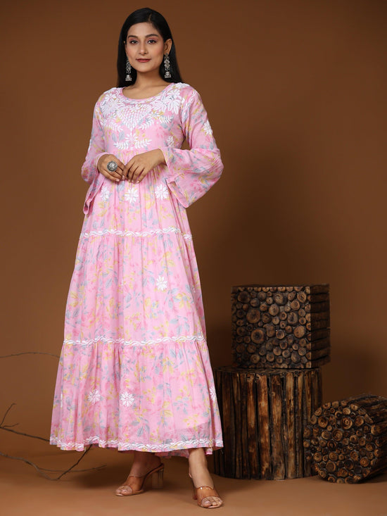 Load image into Gallery viewer, Samma Hand Embroidered Chikankari Mul Gown for Women- Pink - House Of Kari (Chikankari Clothing)

