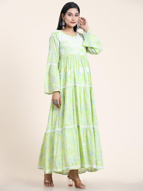 Samma Hand Embroidered Chikankari Mul Gown for Women- Light Green - House Of Kari (Chikankari Clothing)
