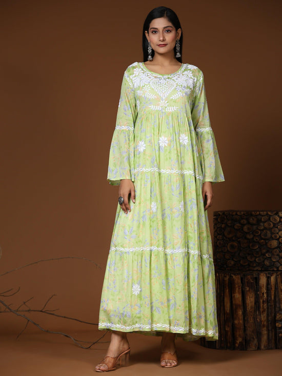 Load image into Gallery viewer, Samma Hand Embroidered Chikankari Mul Gown for Women- Light Green - House Of Kari (Chikankari Clothing)
