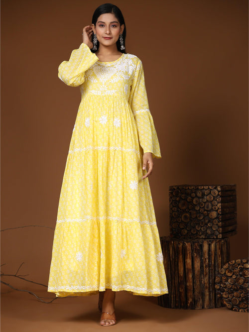 Samma Hand Embroidered Chikankari Mul Gown for Women- Yellow - House Of Kari (Chikankari Clothing)