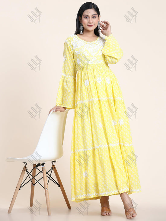 Samma Hand Embroidered Chikankari Mul Gown for Women- Yellow - House Of Kari (Chikankari Clothing)