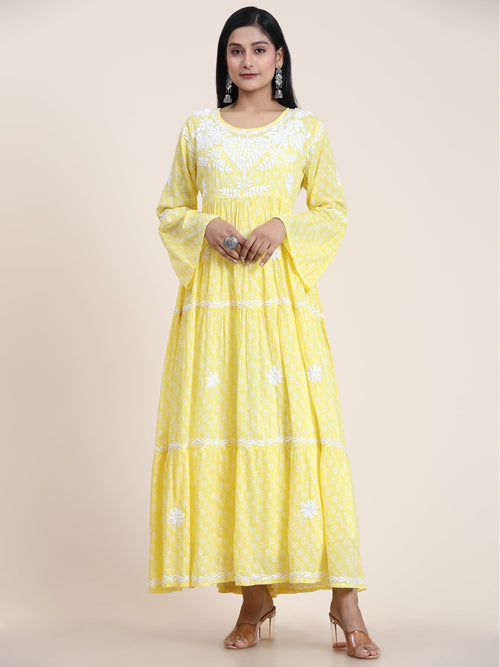 Load image into Gallery viewer, Samma Hand Embroidered Chikankari Mul Gown for Women- Yellow - House Of Kari (Chikankari Clothing)

