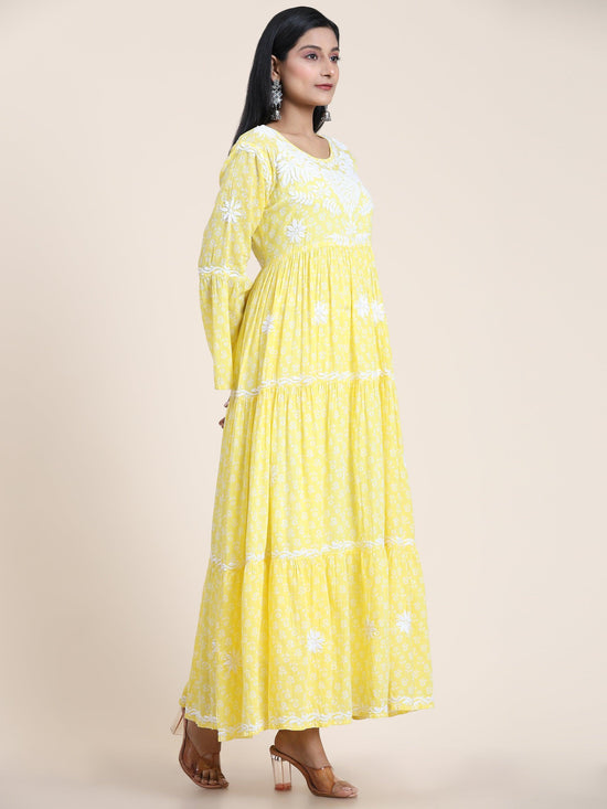 Load image into Gallery viewer, Samma Hand Embroidered Chikankari Mul Gown for Women- Yellow - House Of Kari (Chikankari Clothing)
