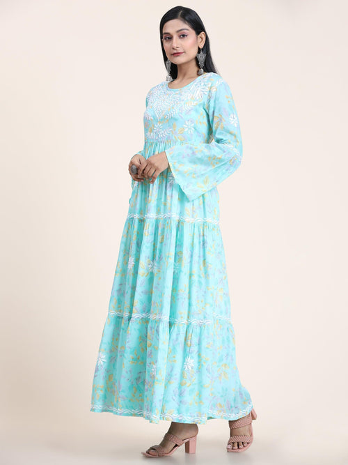 Load image into Gallery viewer, Samma Hand Embroidered Chikankari Mul Gown for Women- Light Blue - House Of Kari (Chikankari Clothing)
