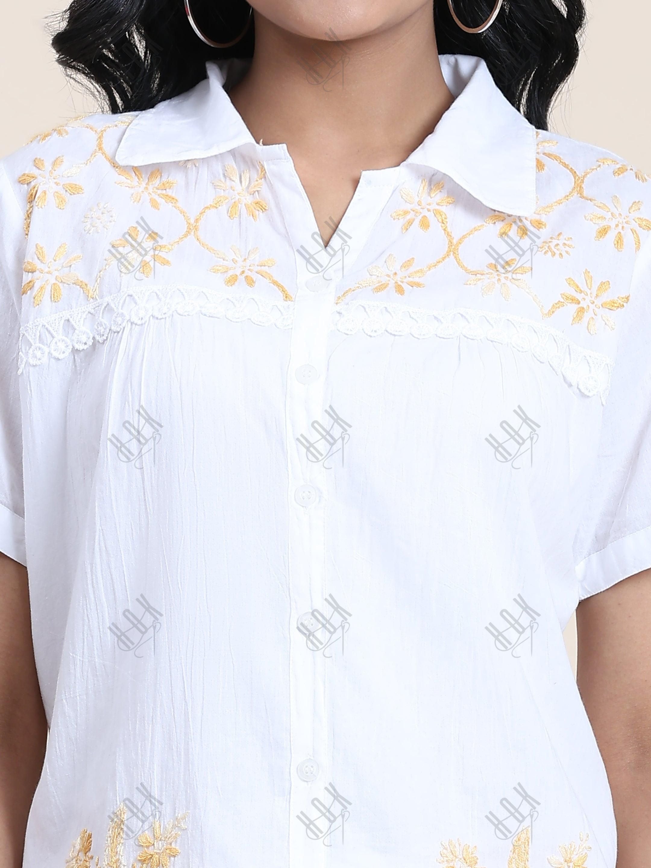 Hand embroidery Chikankari tunic-White With Beige - House Of Kari (Chikankari Clothing)