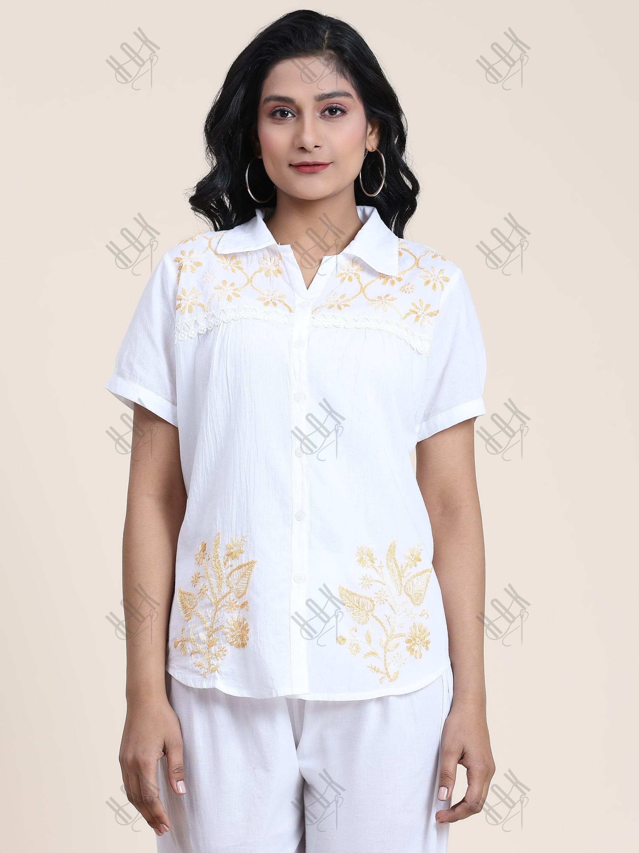 Hand embroidery Chikankari tunic-White With Beige - House Of Kari (Chikankari Clothing)