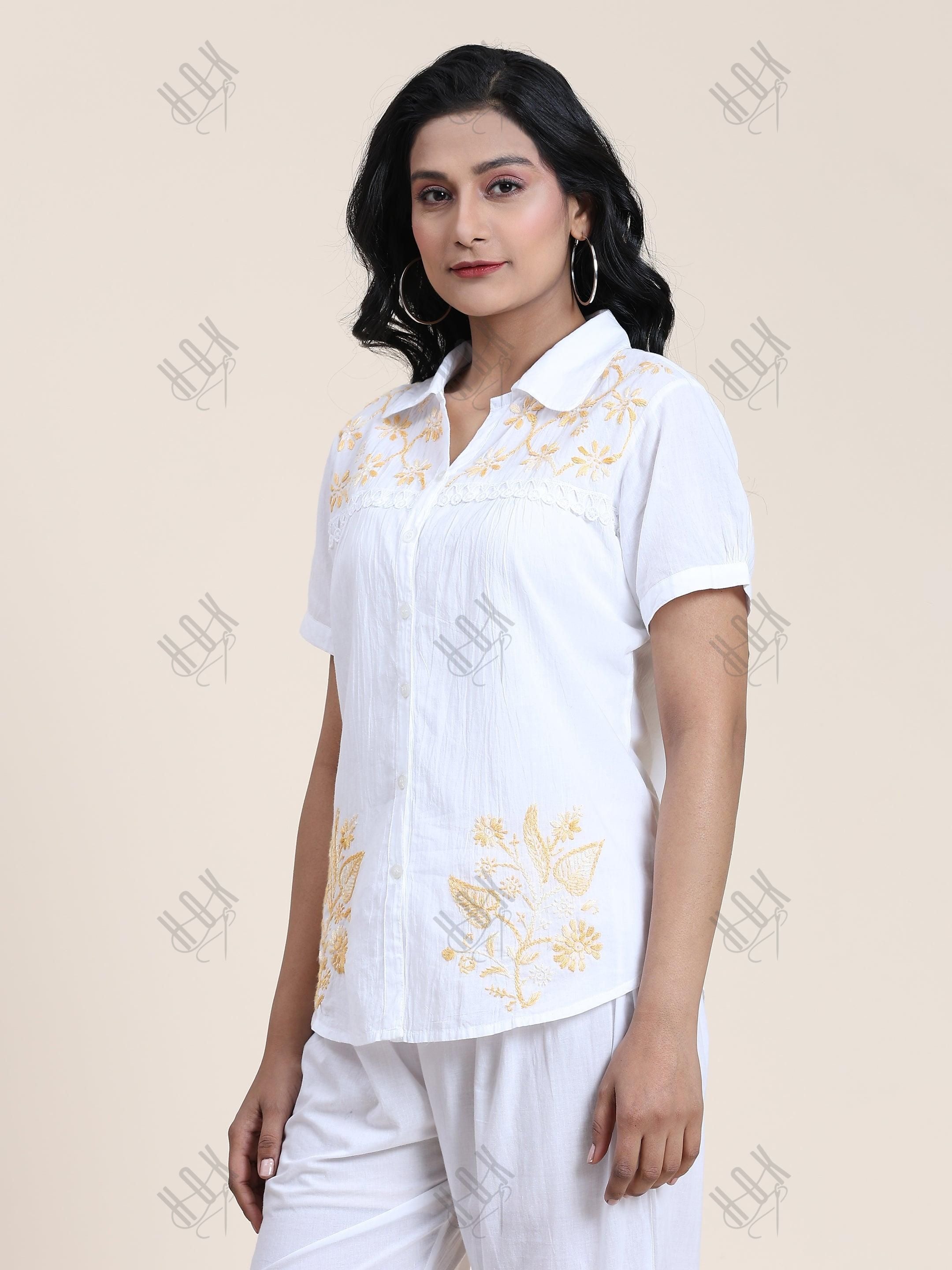 Hand embroidery Chikankari tunic-White With Beige - House Of Kari (Chikankari Clothing)