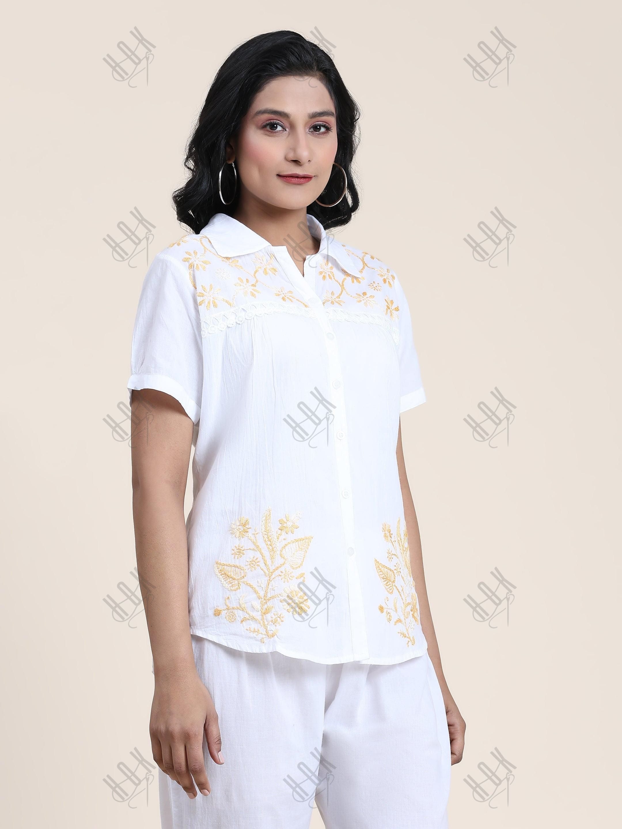 Hand embroidery Chikankari tunic-White With Beige - House Of Kari (Chikankari Clothing)