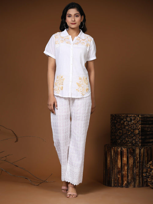 Hand embroidery Chikankari tunic-White With Beige - House Of Kari (Chikankari Clothing)