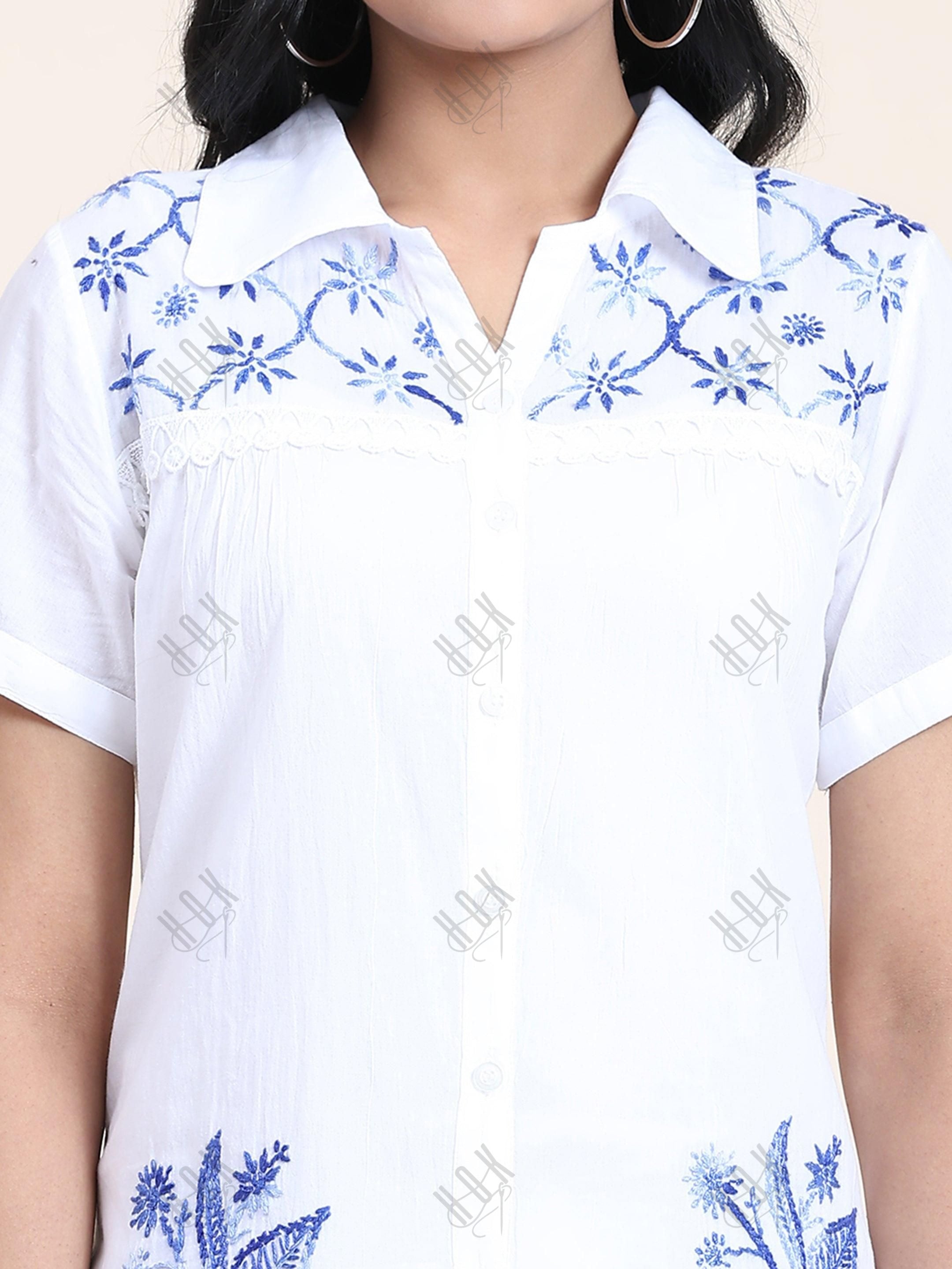 Hand embroidery Chikankari tunic-White With Blue - House Of Kari (Chikankari Clothing)