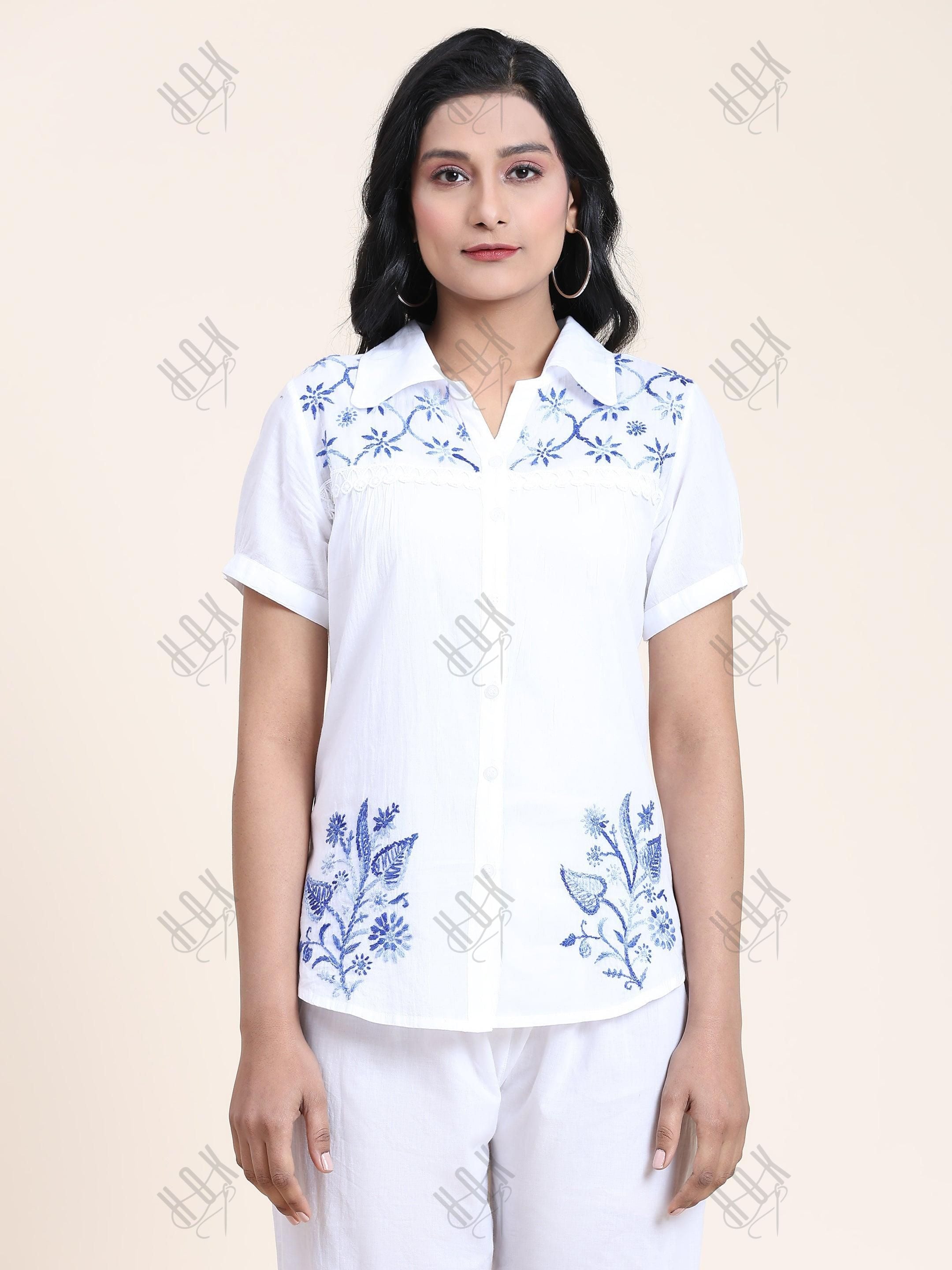 Hand embroidery Chikankari tunic-White With Blue - House Of Kari (Chikankari Clothing)