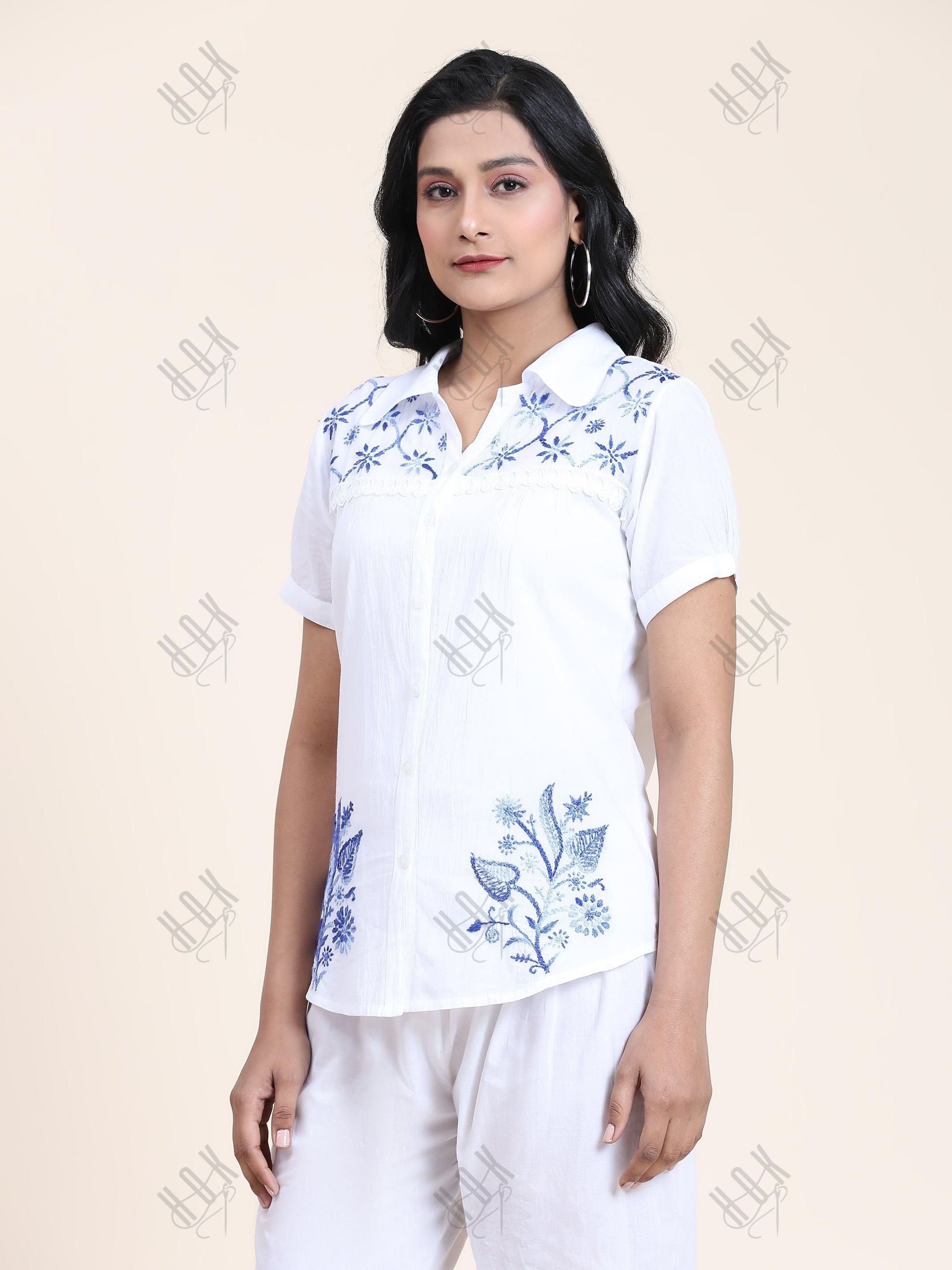 Hand embroidery Chikankari tunic-White With Blue - House Of Kari (Chikankari Clothing)