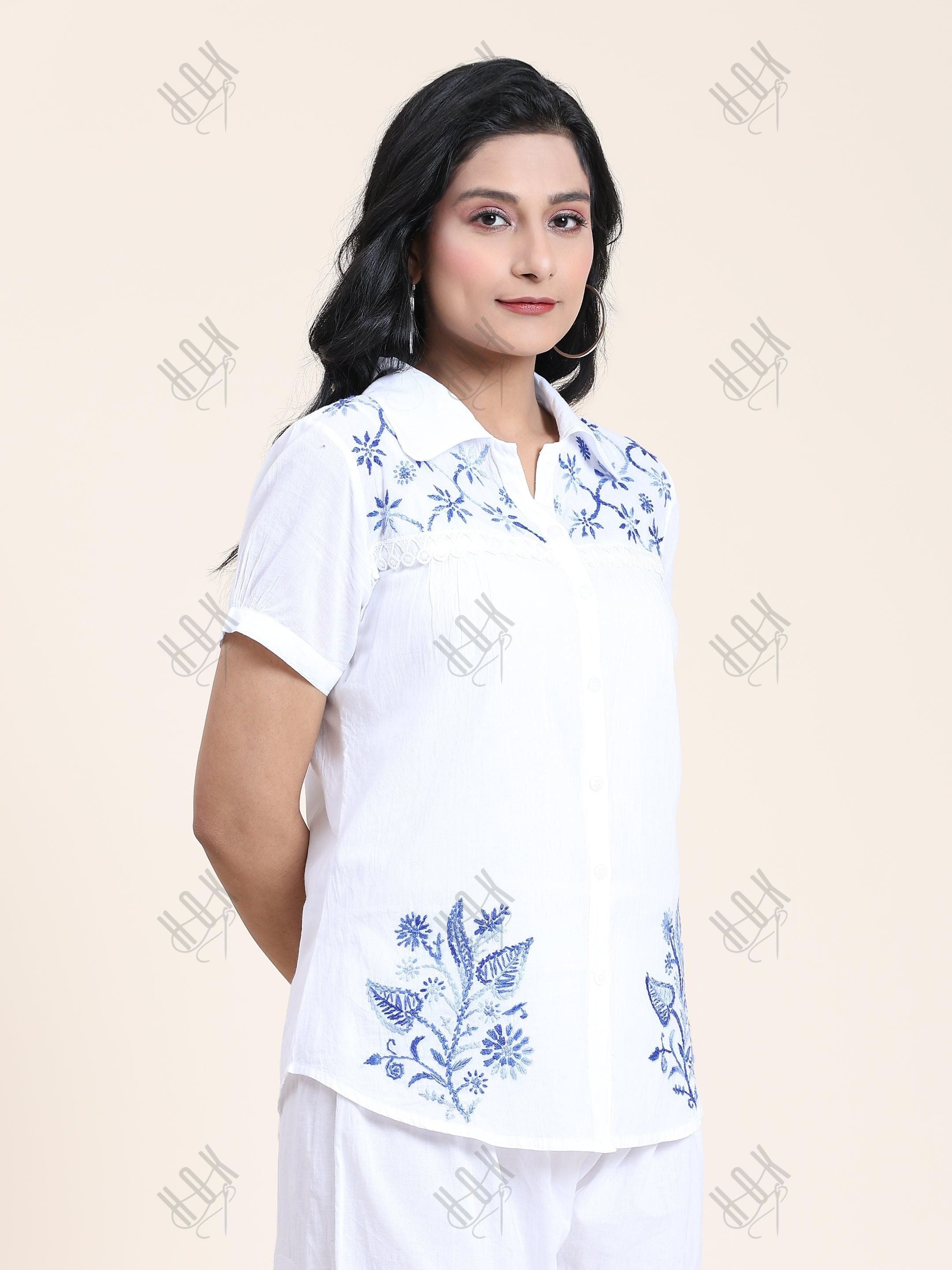 Hand embroidery Chikankari tunic-White With Blue - House Of Kari (Chikankari Clothing)