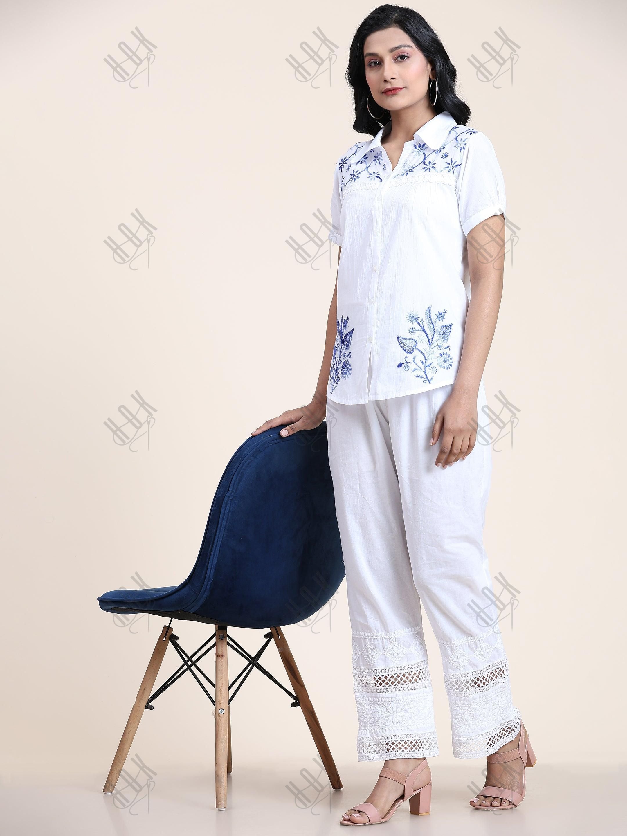 Hand embroidery Chikankari tunic-White With Blue - House Of Kari (Chikankari Clothing)