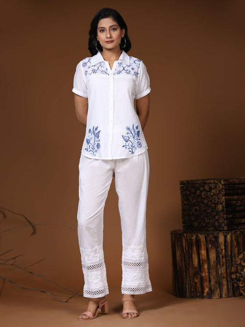 Hand embroidery Chikankari tunic-White With Blue - House Of Kari (Chikankari Clothing)