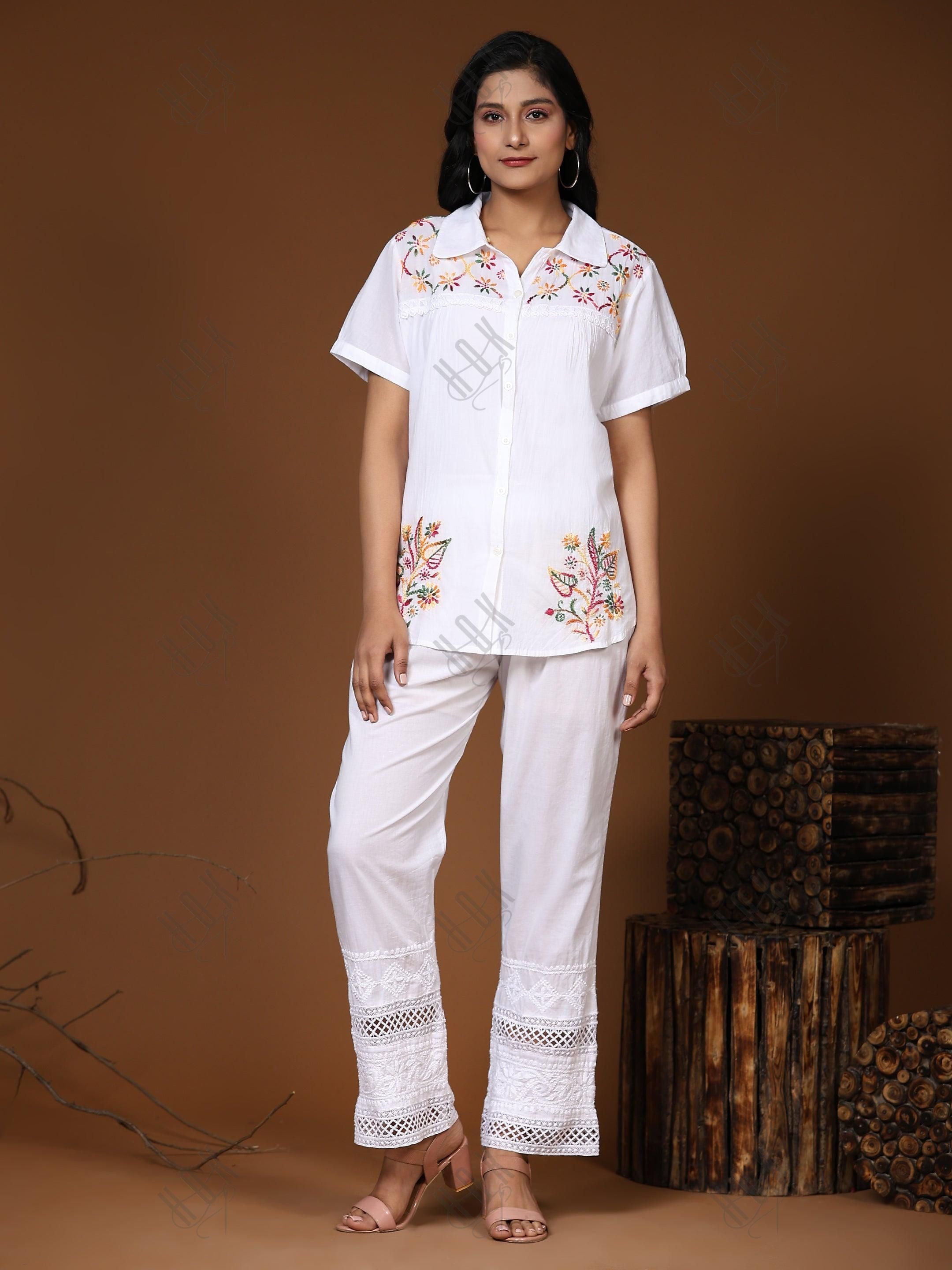 Hand embroidery Chikankari tunic-White With Multi - House Of Kari (Chikankari Clothing)