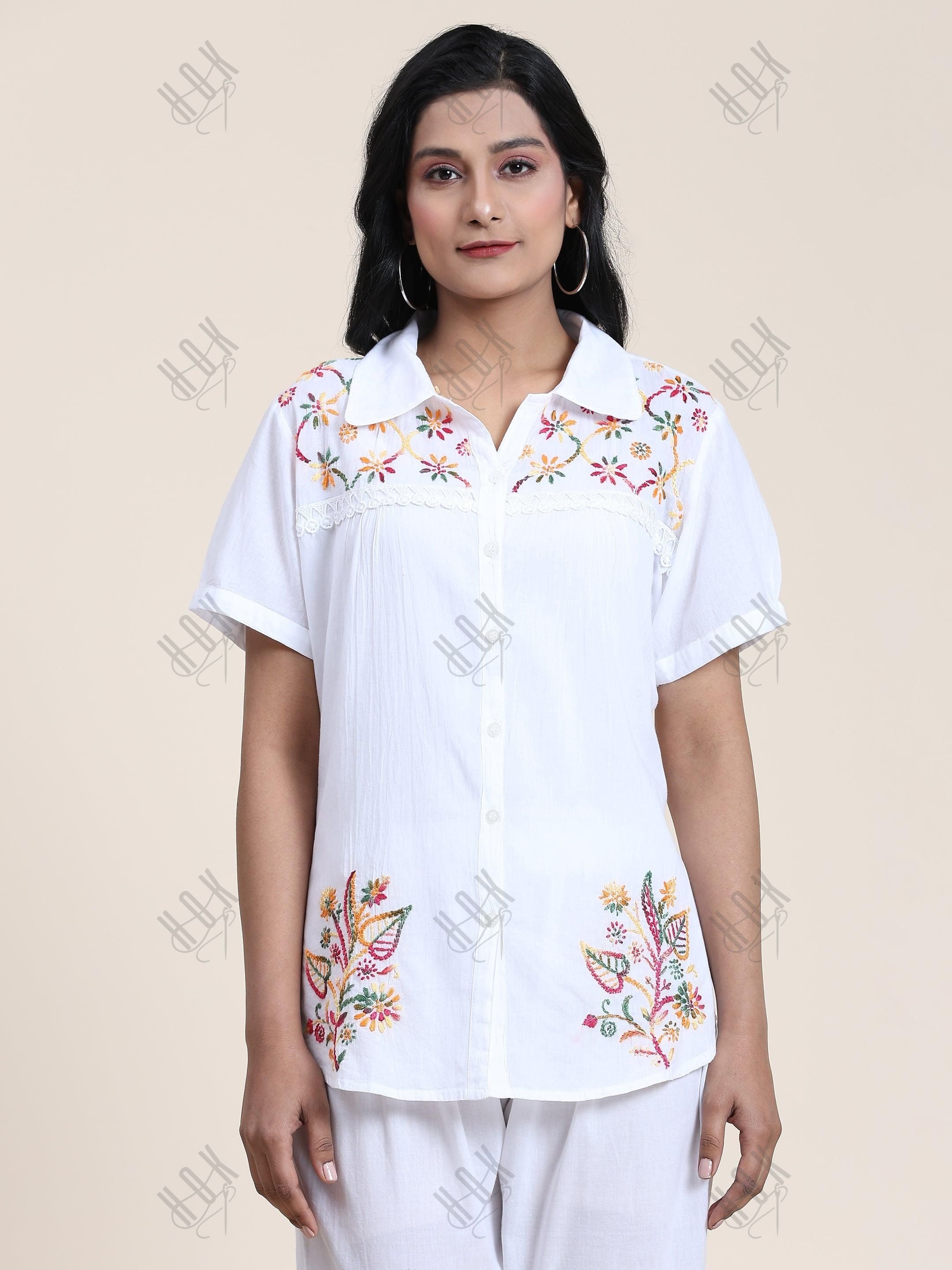 Hand embroidery Chikankari tunic-White With Multi - House Of Kari (Chikankari Clothing)