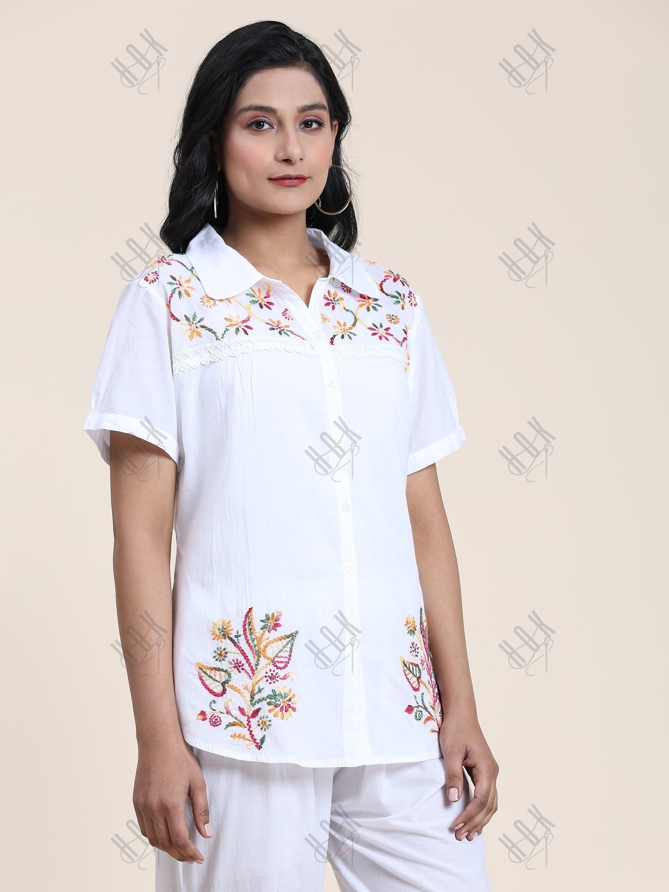 Hand embroidery Chikankari tunic-White With Multi - House Of Kari (Chikankari Clothing)