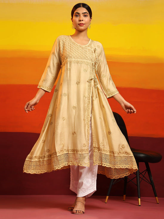 Samma Chikankari Angrakha Long Kurta In Chanderi Silk For Women - House Of Kari (Chikankari Clothing)