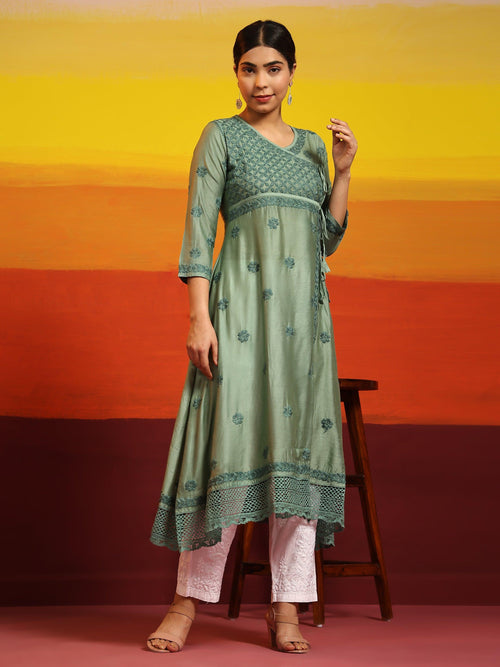 Samma Chikankari Angrakha Long Kurta In Chanderi Silk For Women - House Of Kari (Chikankari Clothing)