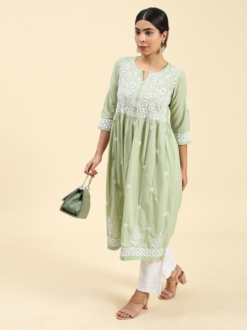 Load image into Gallery viewer, Samma Chikankari Long Kurta in Cotton for Women - Pista Green - House Of Kari (Chikankari Clothing)
