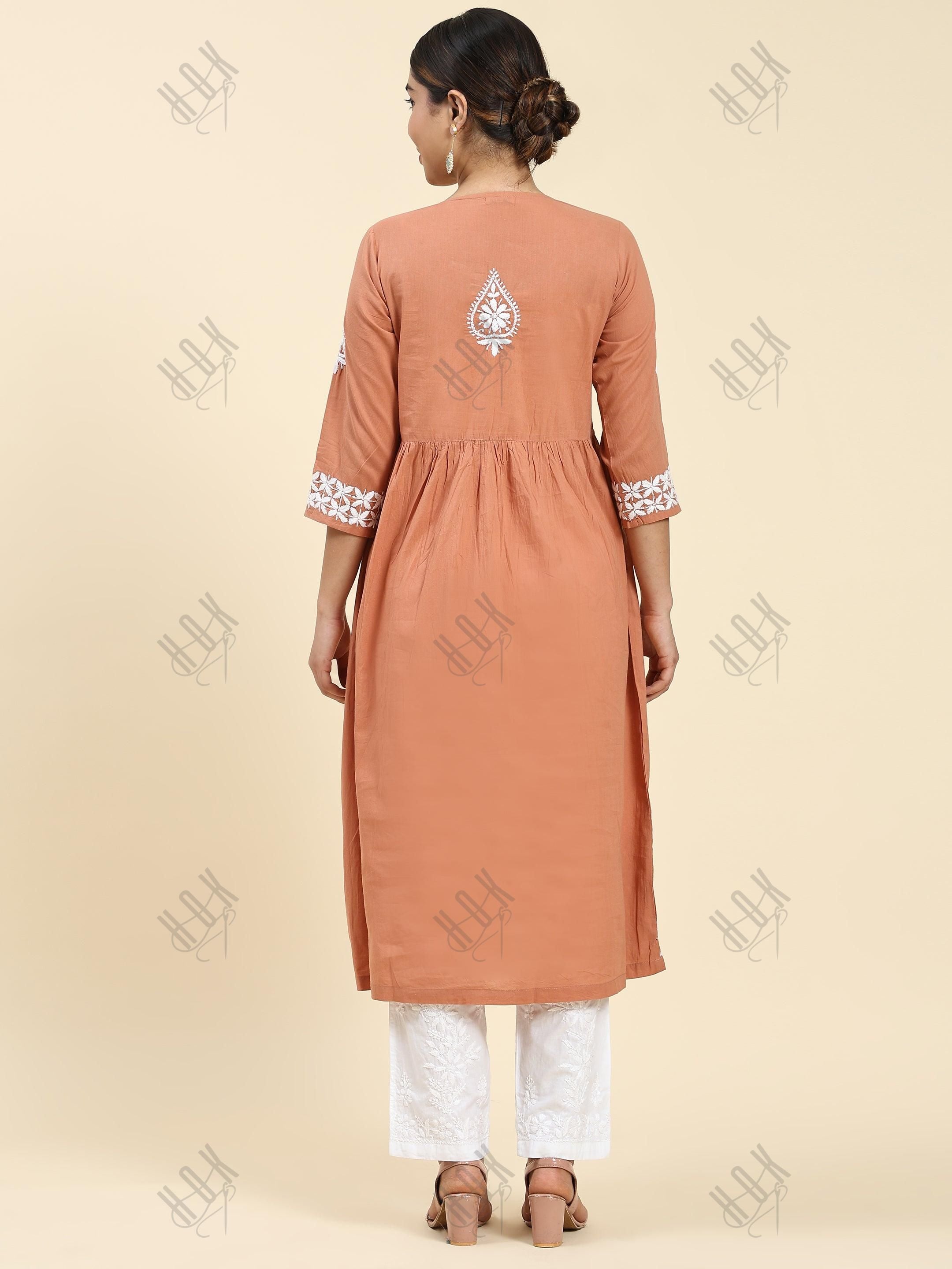 Samma Chikankari Long kurti In Cotton for Women- Orange - House Of Kari (Chikankari Clothing)