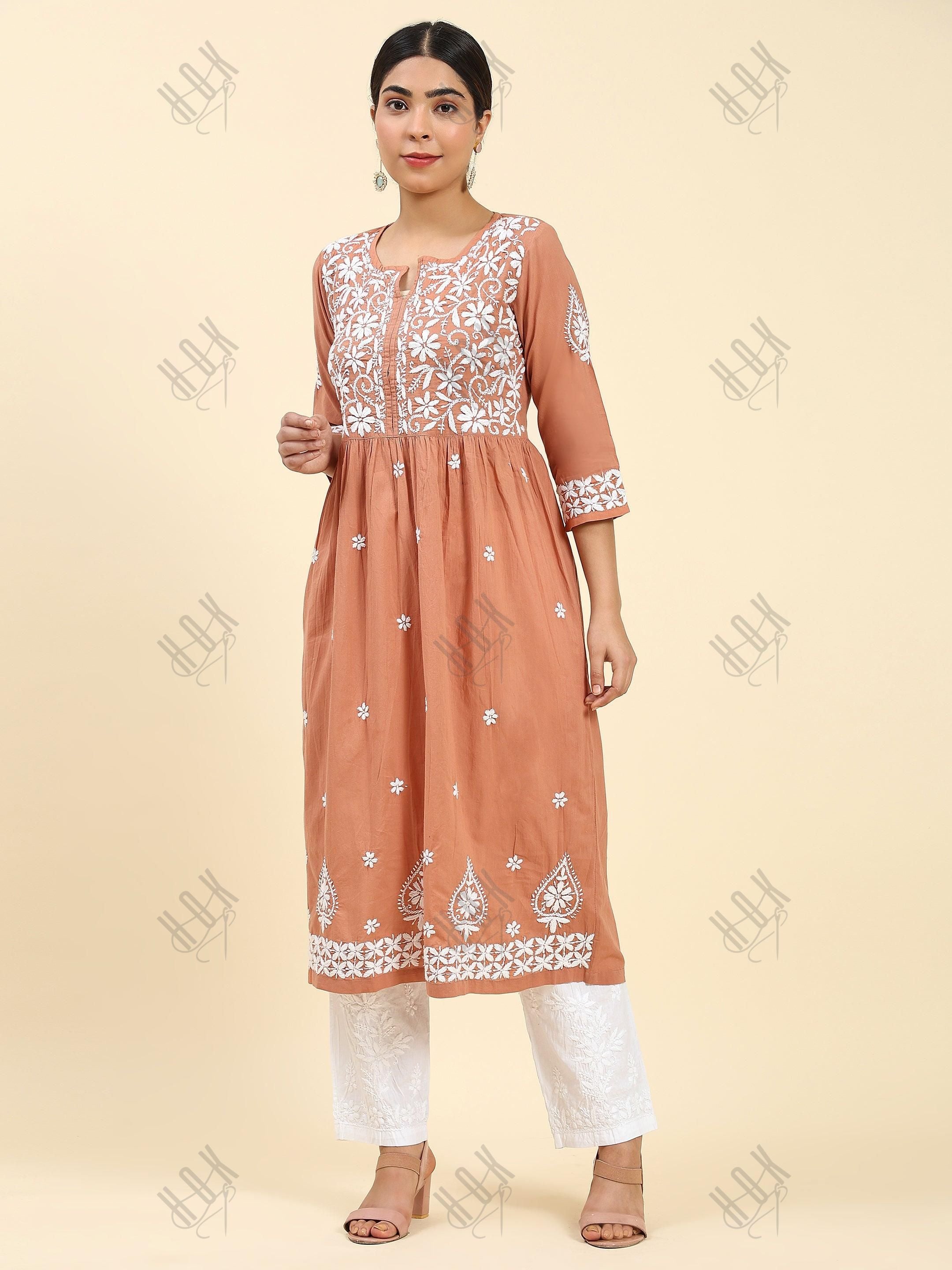 Samma Chikankari Long kurti In Cotton for Women- Orange - House Of Kari (Chikankari Clothing)