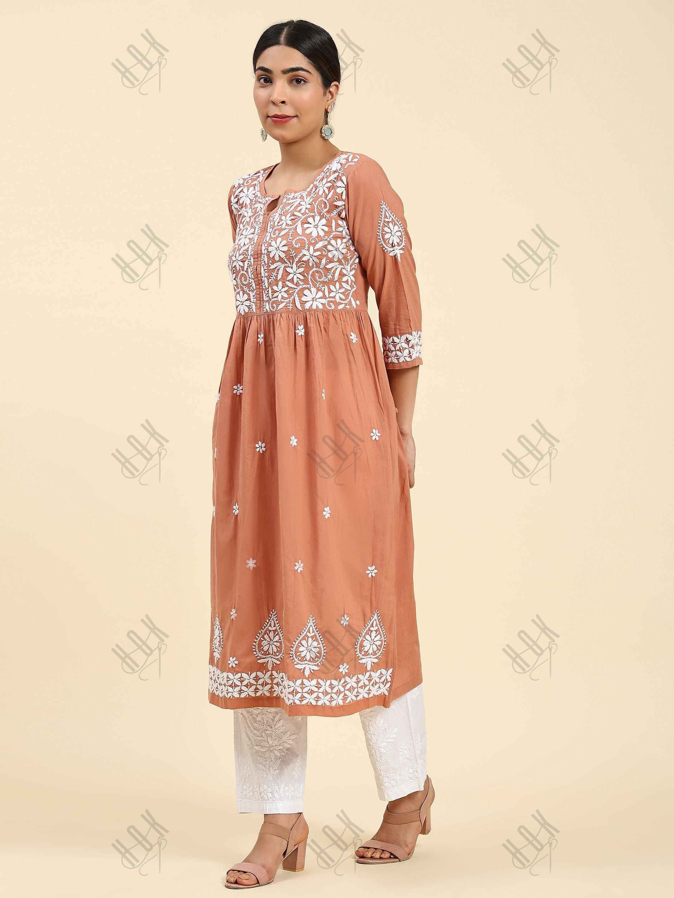 Samma Chikankari Long kurti In Cotton for Women- Orange - House Of Kari (Chikankari Clothing)