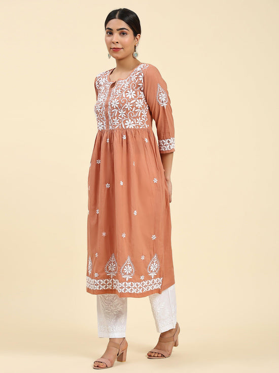 Samma Chikankari Long kurti In Cotton for Women- Orange - House Of Kari (Chikankari Clothing)