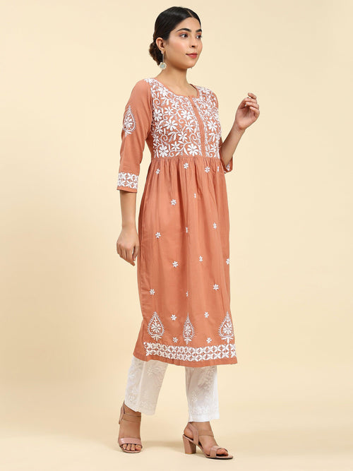 Samma Chikankari Long kurti In Cotton for Women- Orange - House Of Kari (Chikankari Clothing)