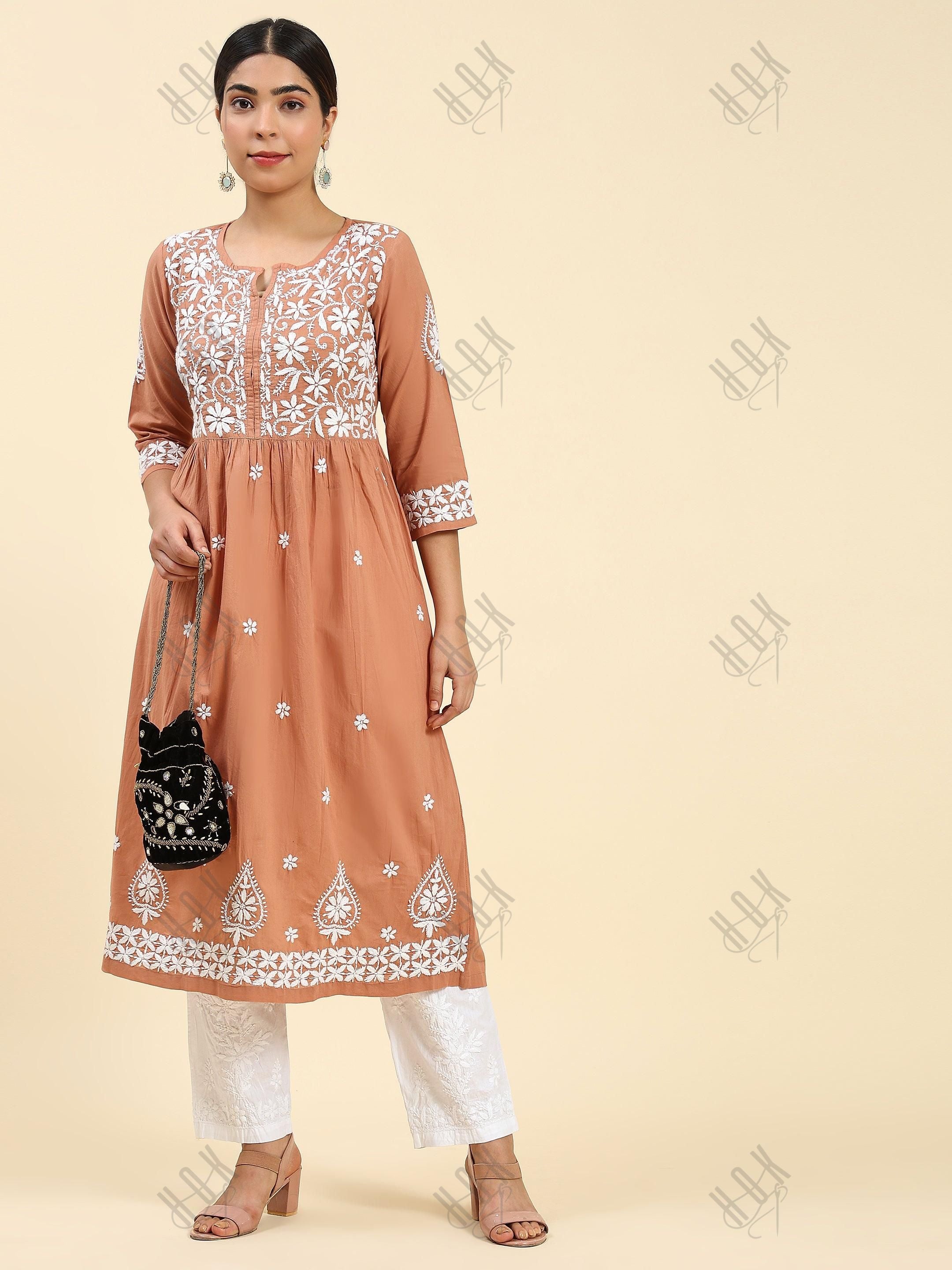 Samma Chikankari Long kurti In Cotton for Women- Orange - House Of Kari (Chikankari Clothing)