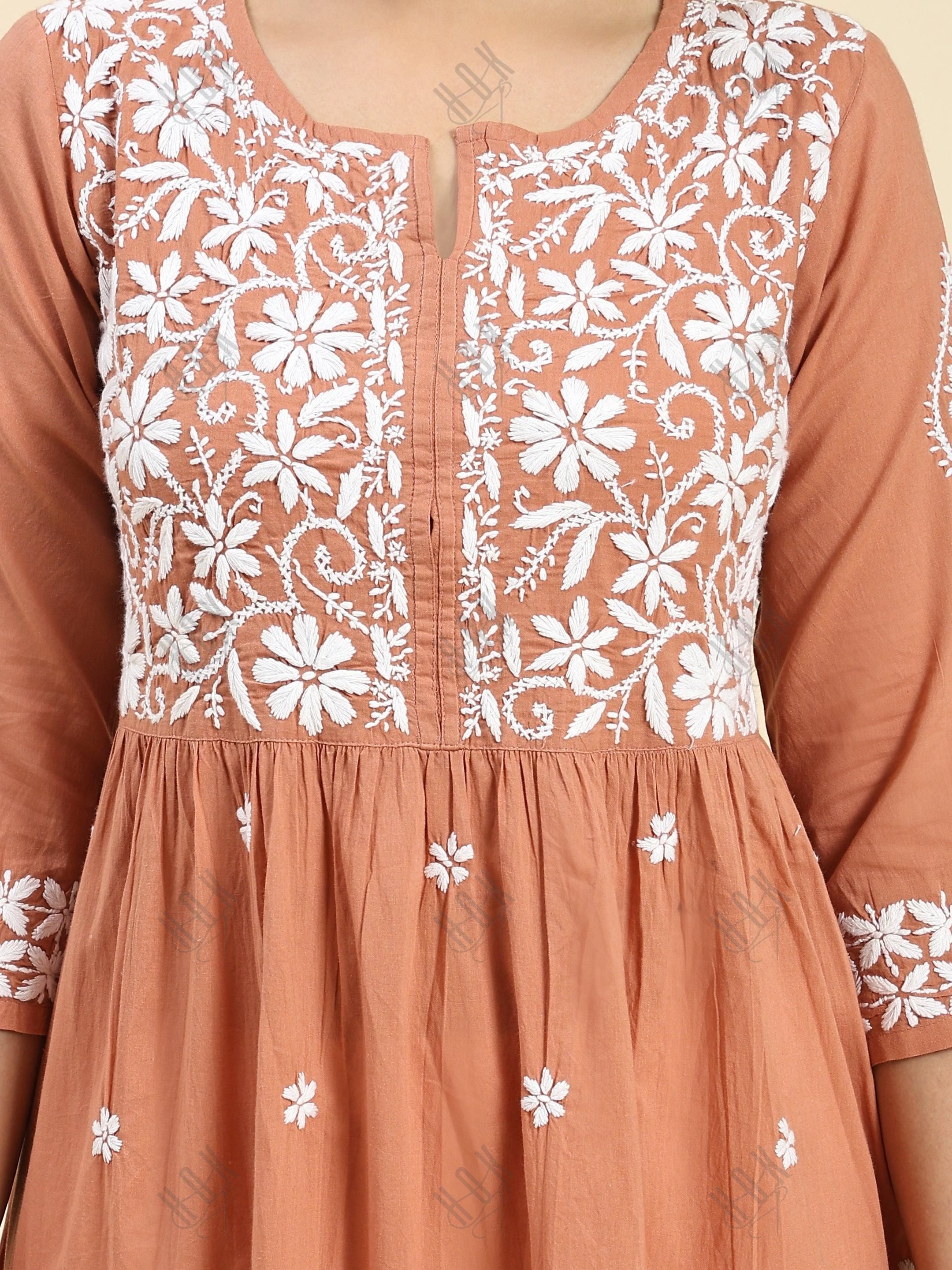 Samma Chikankari Long kurti In Cotton for Women- Orange - House Of Kari (Chikankari Clothing)