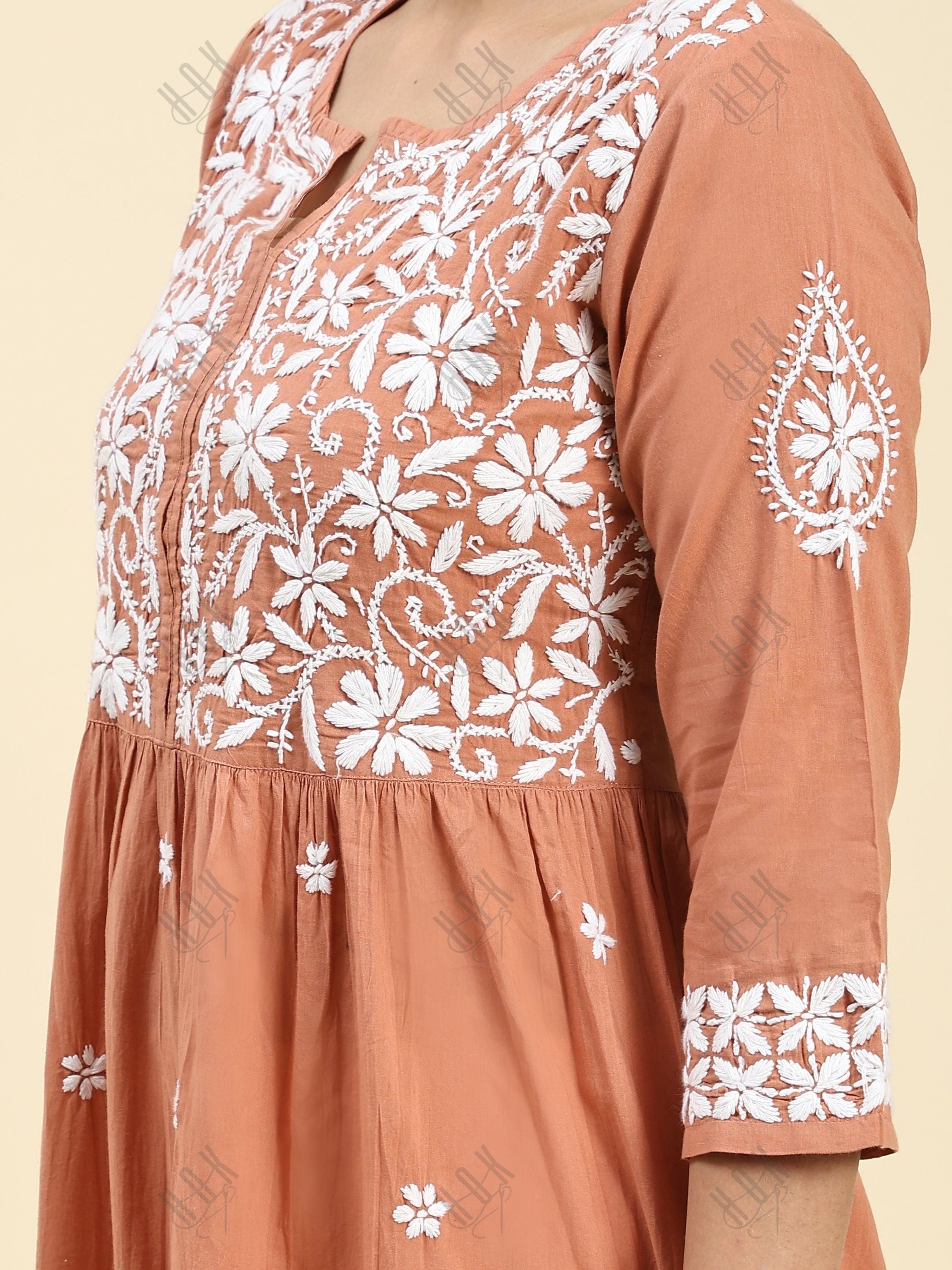 Samma Chikankari Long kurti In Cotton for Women- Orange - House Of Kari (Chikankari Clothing)