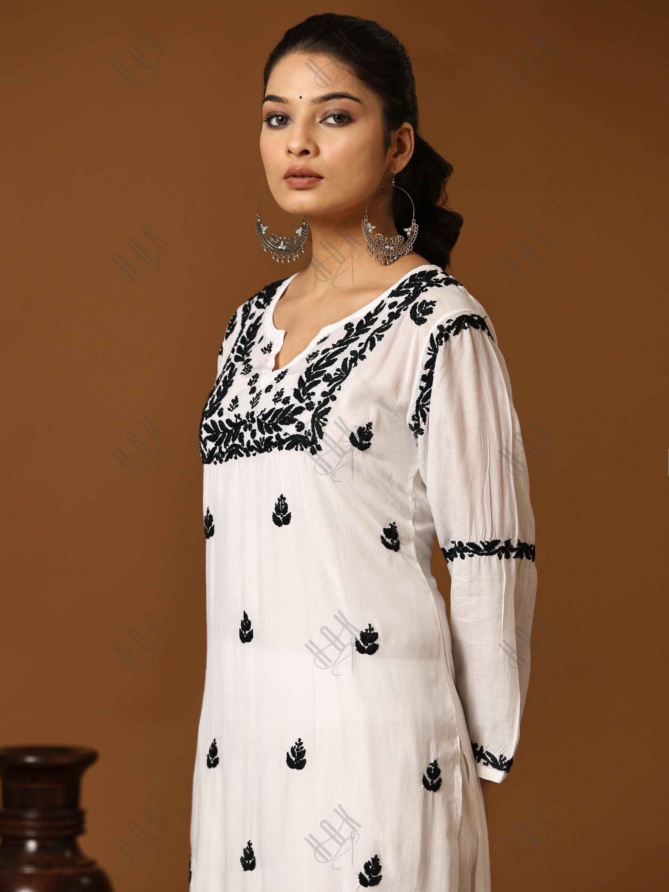 Nishtha in Noor HOK Muslin Chikankari kurti for Women- White With Black - House Of Kari (Chikankari Clothing)