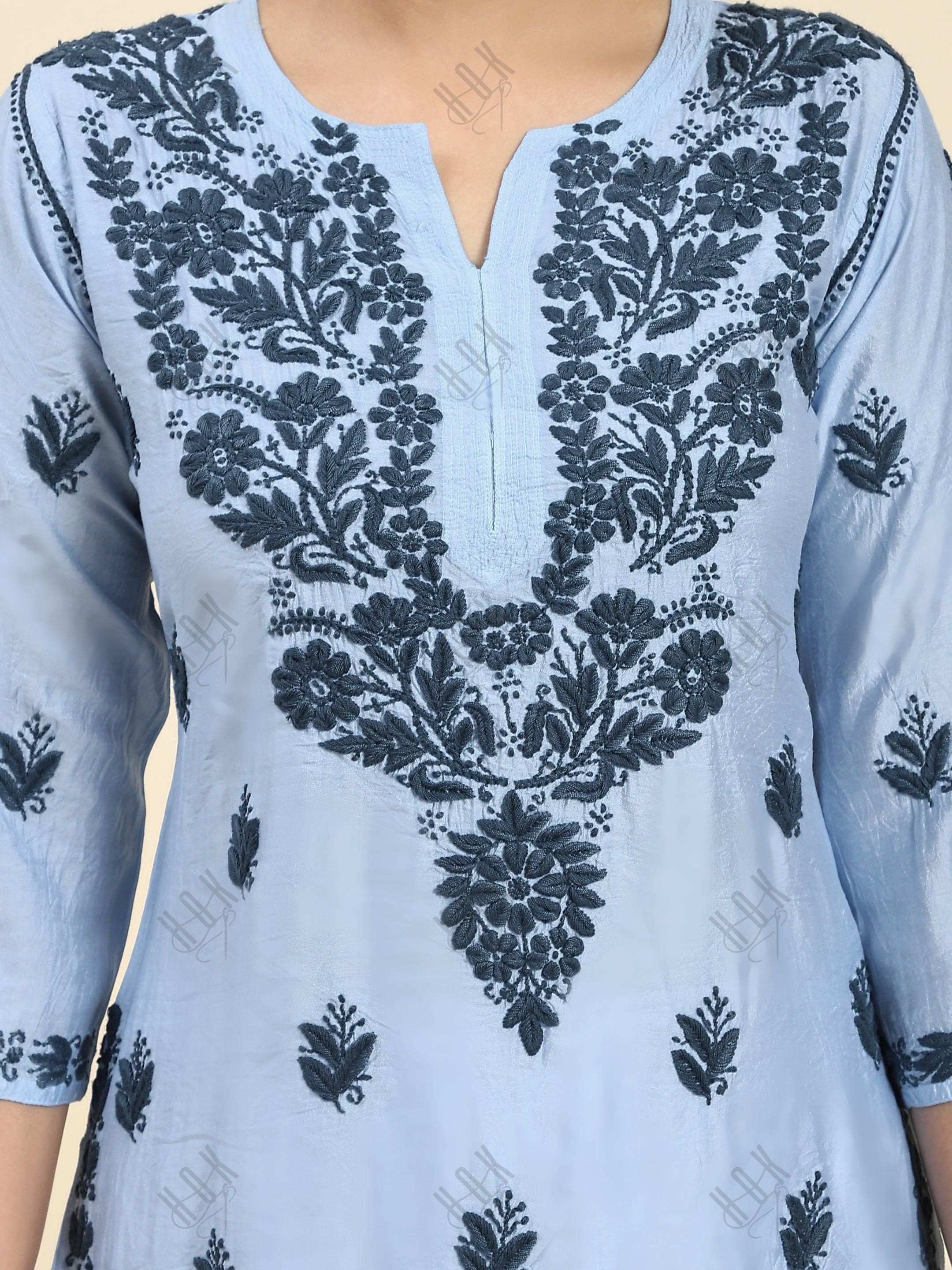 Samma Chikankari Long Kurta in Chanderi Silk for Women- Sea Blue - House Of Kari (Chikankari Clothing)