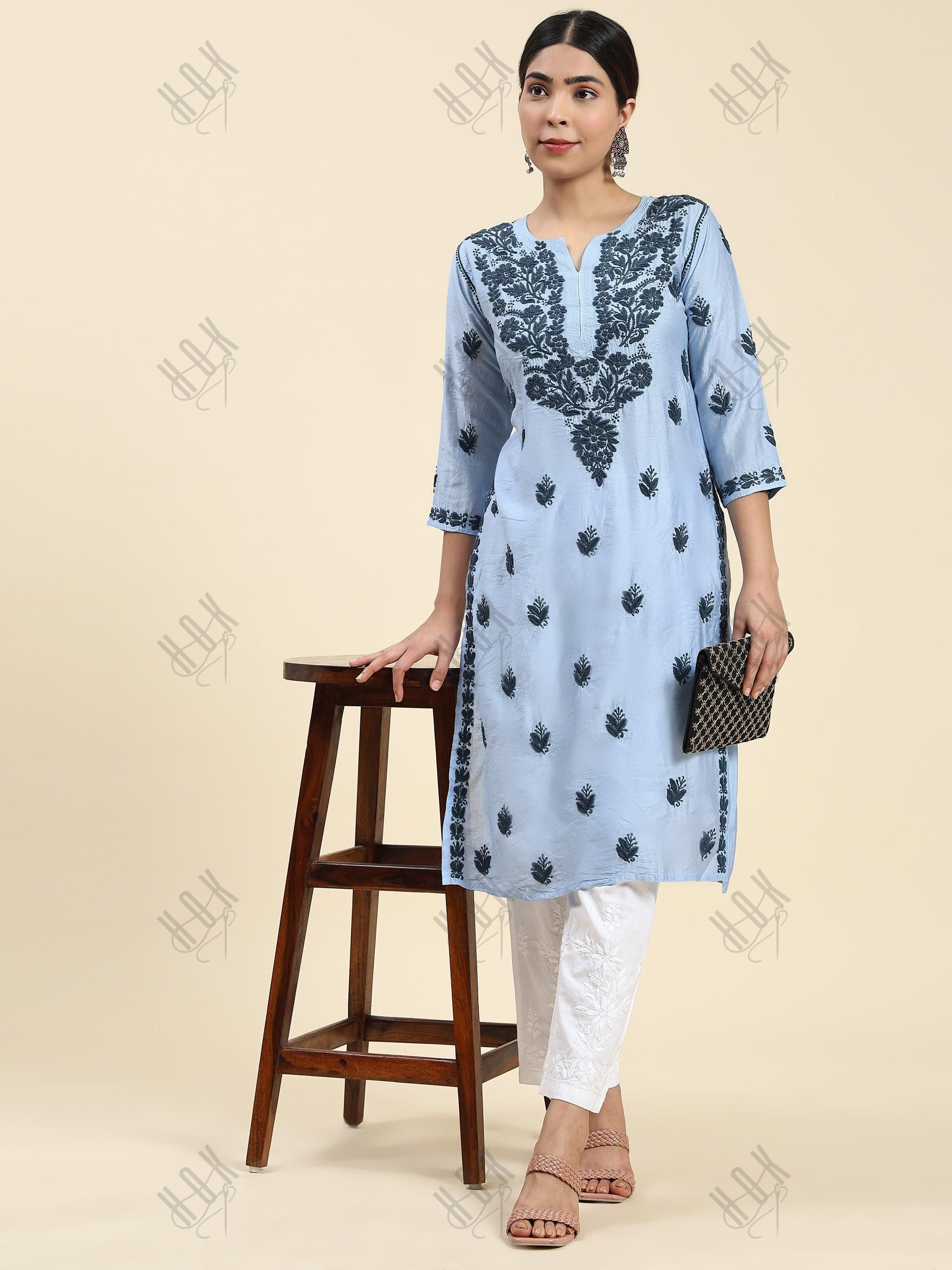 Samma Chikankari Long Kurta in Chanderi Silk for Women- Sea Blue - House Of Kari (Chikankari Clothing)