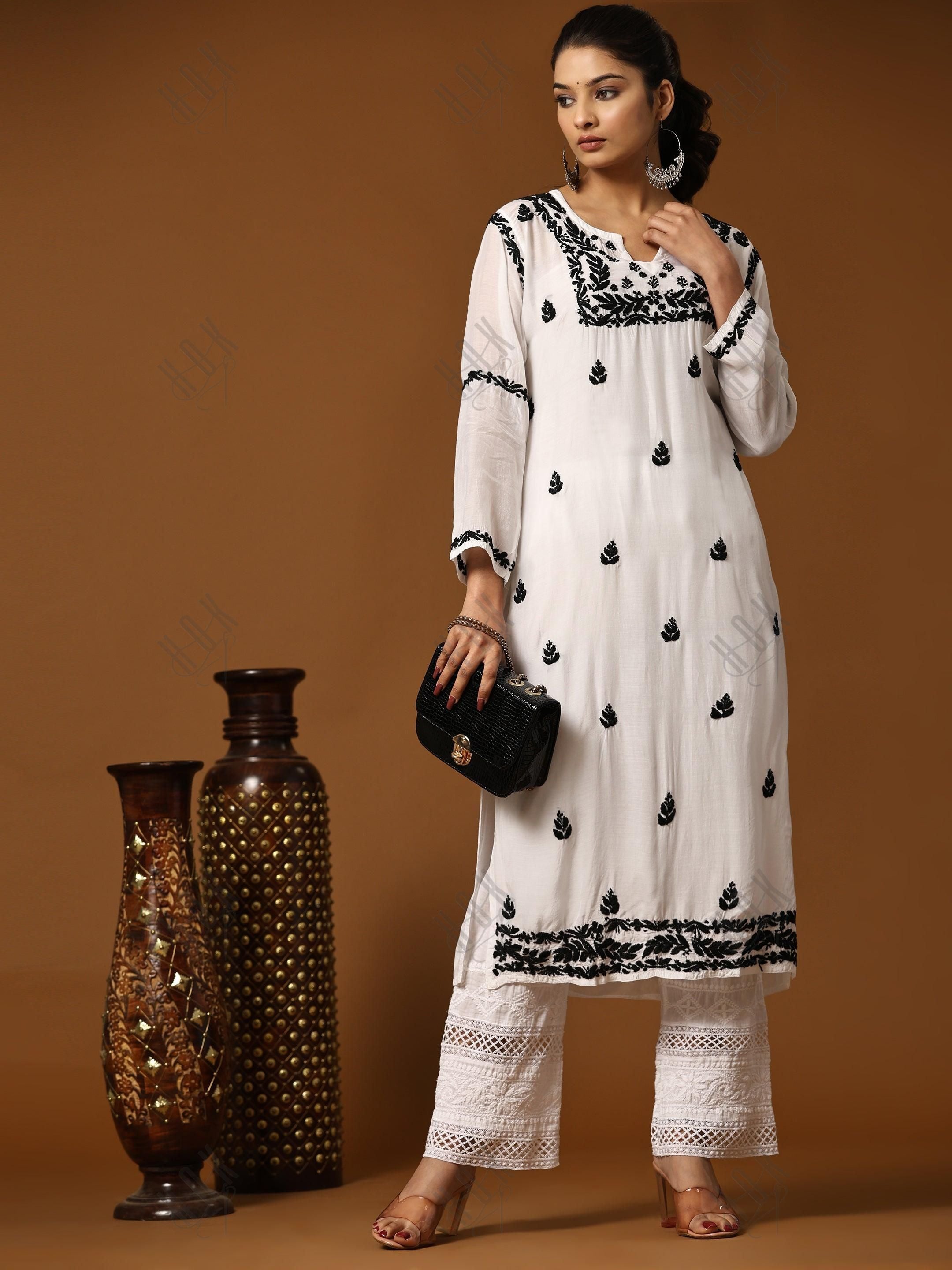 Nishtha in Noor HOK Muslin Chikankari kurti for Women- White With Black - House Of Kari (Chikankari Clothing)