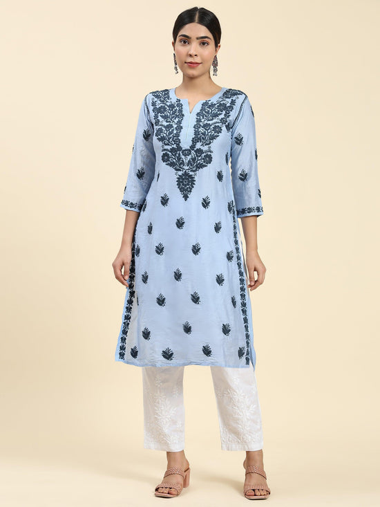 Samma Chikankari Long Kurta in Chanderi Silk for Women- Sea Blue - House Of Kari (Chikankari Clothing)