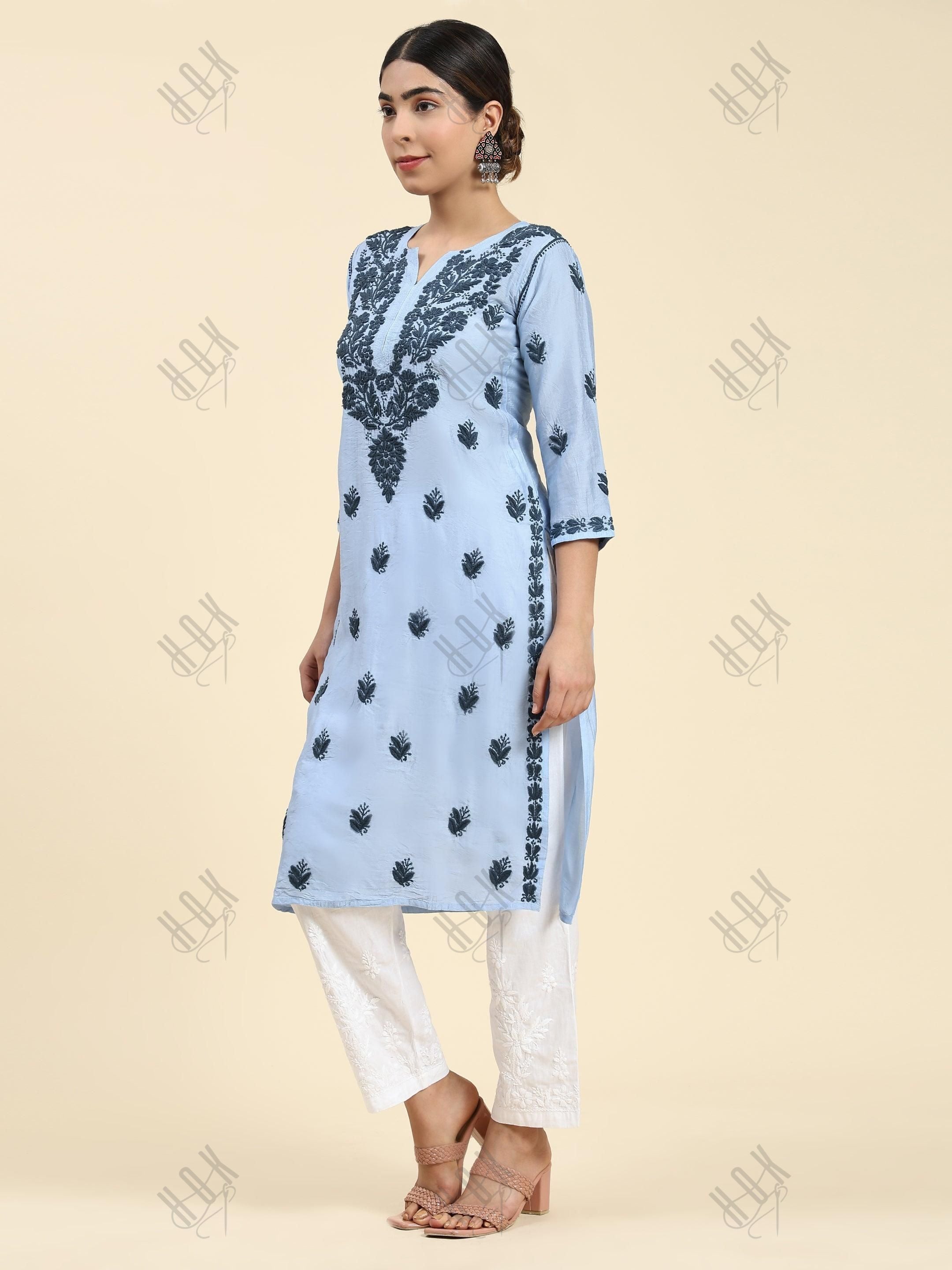 Samma Chikankari Long Kurta in Chanderi Silk for Women- Sea Blue - House Of Kari (Chikankari Clothing)