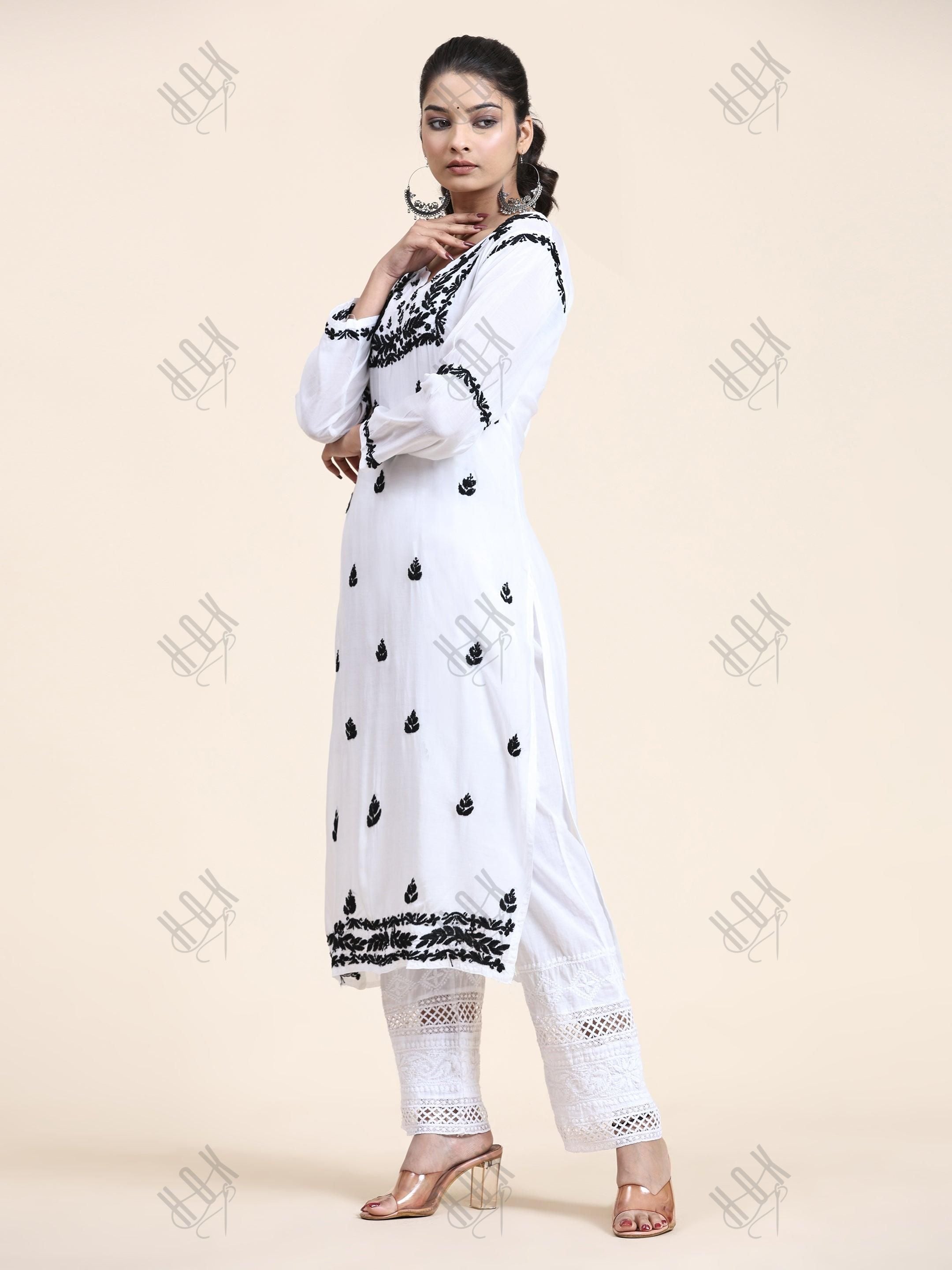 Nishtha in Noor HOK Muslin Chikankari kurti for Women- White With Black - House Of Kari (Chikankari Clothing)