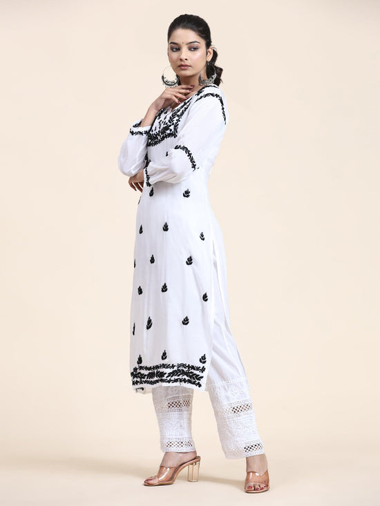Load image into Gallery viewer, Nishtha in Noor HOK Muslin Chikankari kurti for Women- White With Black - House Of Kari (Chikankari Clothing)
