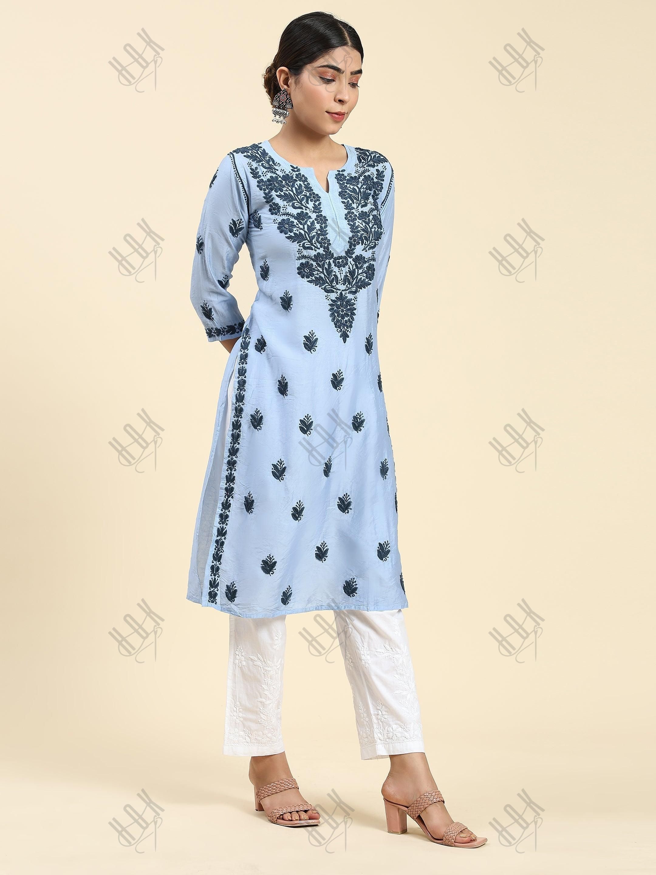 Samma Chikankari Long Kurta in Chanderi Silk for Women- Sea Blue - House Of Kari (Chikankari Clothing)