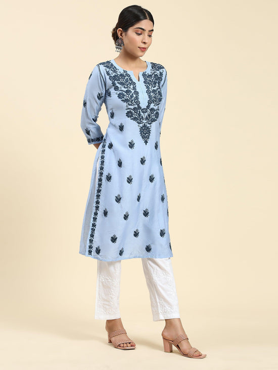 Samma Chikankari Long Kurta in Chanderi Silk for Women- Sea Blue - House Of Kari (Chikankari Clothing)