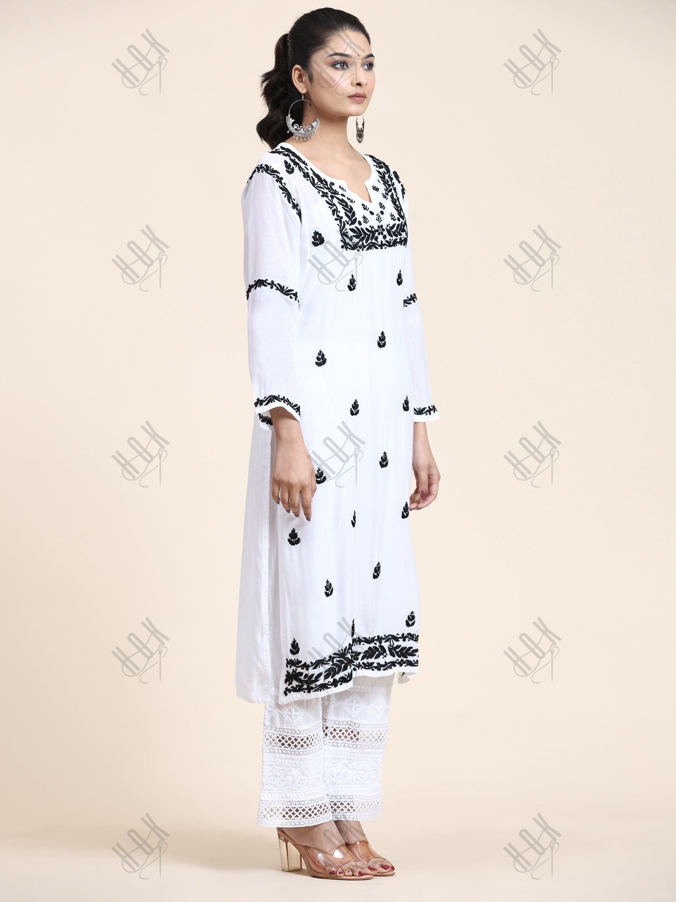 Nishtha in Noor HOK Muslin Chikankari kurti for Women- White With Black - House Of Kari (Chikankari Clothing)