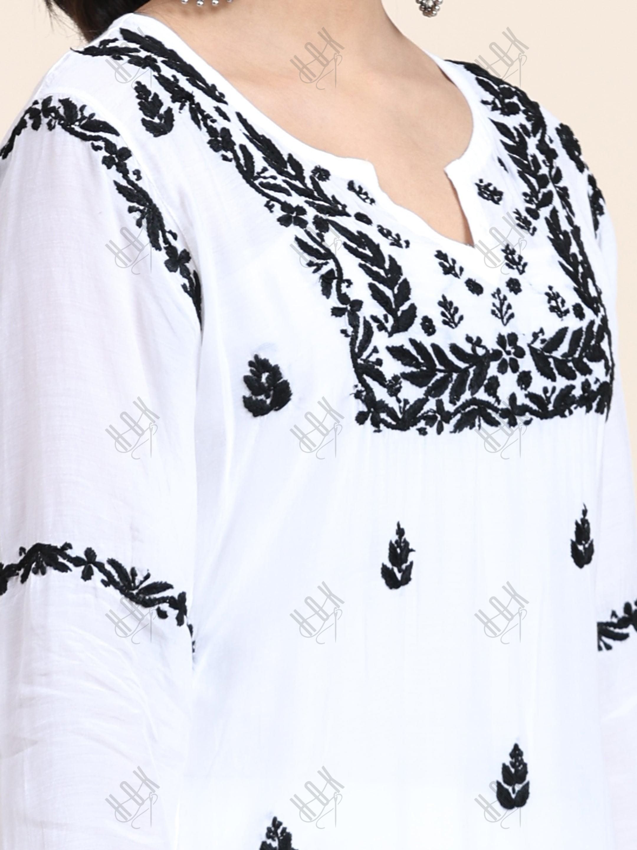 Nishtha in Noor HOK Muslin Chikankari kurti for Women- White With Black - House Of Kari (Chikankari Clothing)